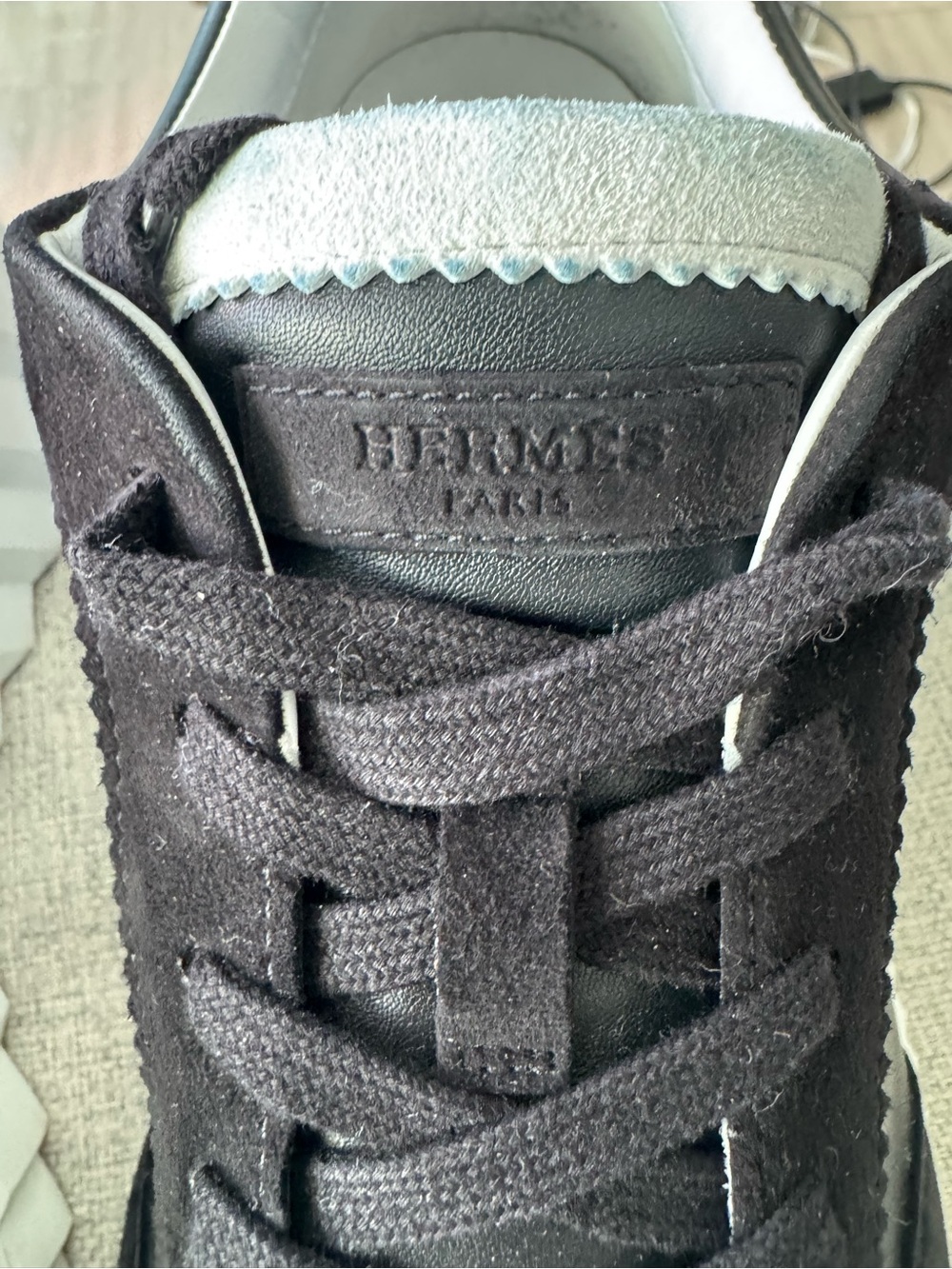 Hermès Black Leather and Suede Sneaker with White Accent Like New!!